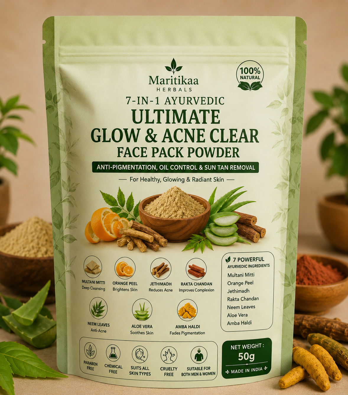 Maritikaa Herbal Ultimate Glow & Acne Clear Face Pack – 50g