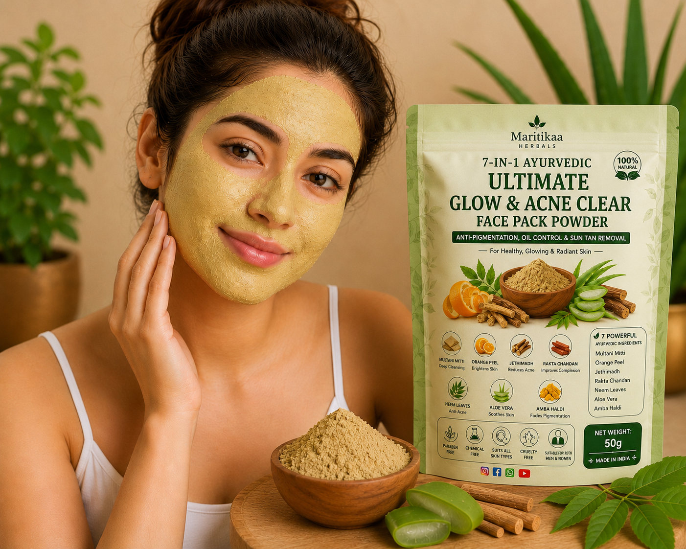 Maritikaa Herbal Ultimate Glow & Acne Clear Face Pack – 50g - Image 4